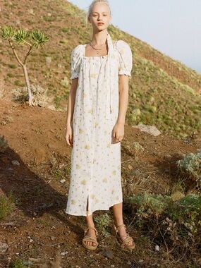 Sleeper Brigitte Linen Midi Dress| Sz M| White Yellow Floral Mimosa| Puff Sleeve